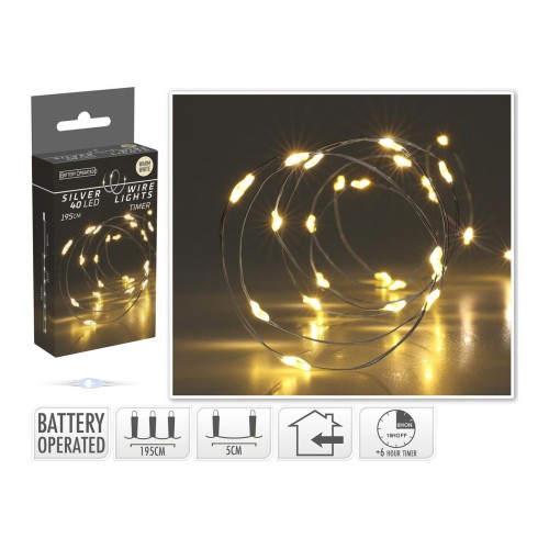 osvětlení vánoční  1,95m 40LED teplá BÍ, drát, s časovačem, IP44