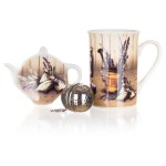 hrnek 340ml LAVENDER,tácek keramický,čajítko nerez sada 3díl.