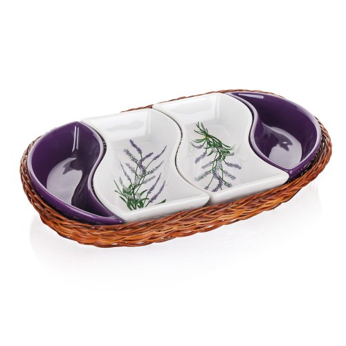 miska sada 4díl. 30,5x18,5cm LAVENDER, v košíku, keramika/proutí