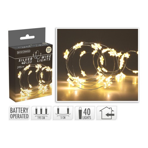 osvětlení vánoční  1,95m 40LED teplá BÍ, drát, HVĚZDY