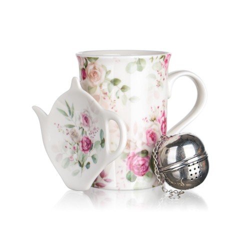 hrnek 340ml + tácek ROSE keramický,sítko nerez, sada 3díl.