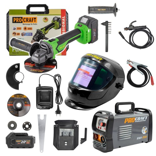 Sada svářecí invertor RWI-300 s aku úhlovou bruskou PGA22-1B-C + kukla SPH1000 | SRWI-300/PGA22-1B/SPH1000