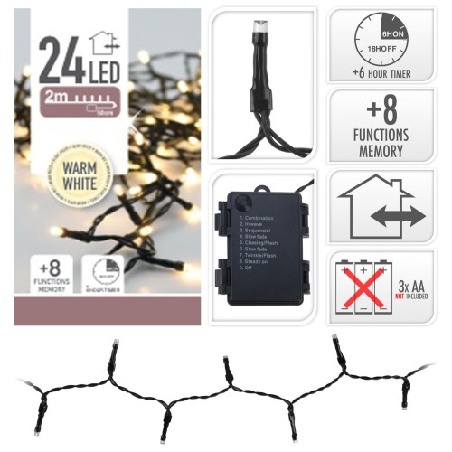 osvětlení vánoční  2,0m 24LED teplá BÍ, 8 funkcí, ZE IP44