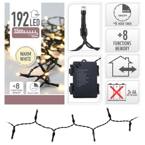 osvětlení vánoční 15m 192LED teplá BÍ, 8 funkcí, ZE, IP44