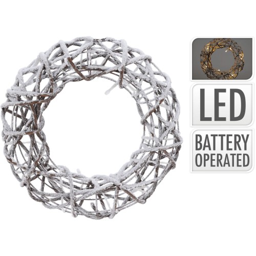 dekorace VĚNEC 30cm RATAN/PP hnědý se sněhem 15LED